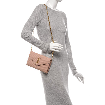 Saint Laurent Grain De Poudre Matelasse Chevron Monogram Chain Wallet Pale Pink 2 of 15