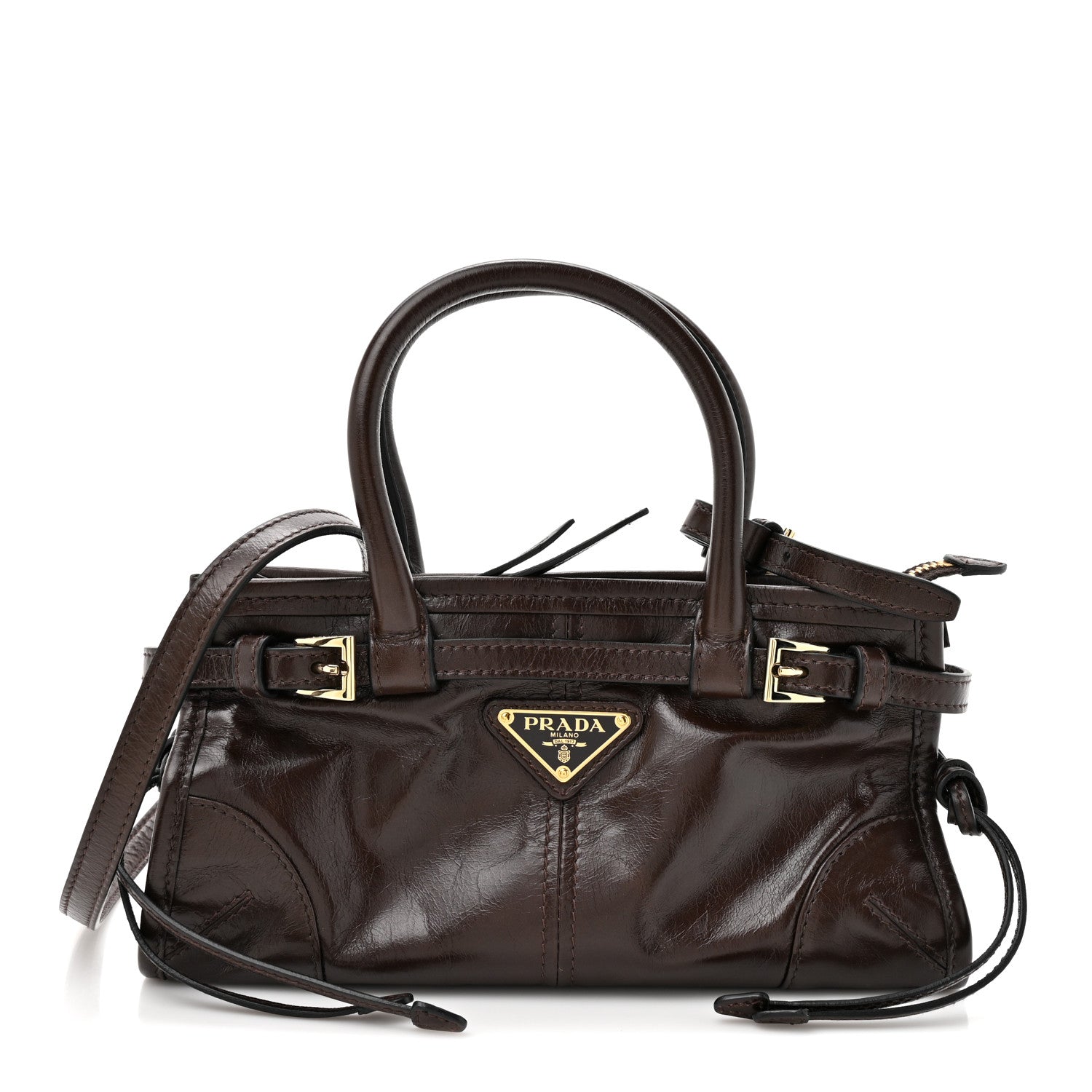 Prada Glossy Calfskin Triangle Mini Bonnie Shoulder Bag Moro 1 of 10
