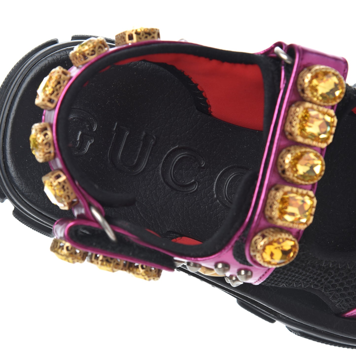 Nappa Mesh Crystal Embellished Studded Womens Aguru Sandals 37 Pink Black