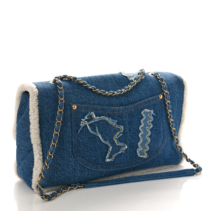 Chanel Denim Shearling Hieroglyph Flap Blue 2 of 9