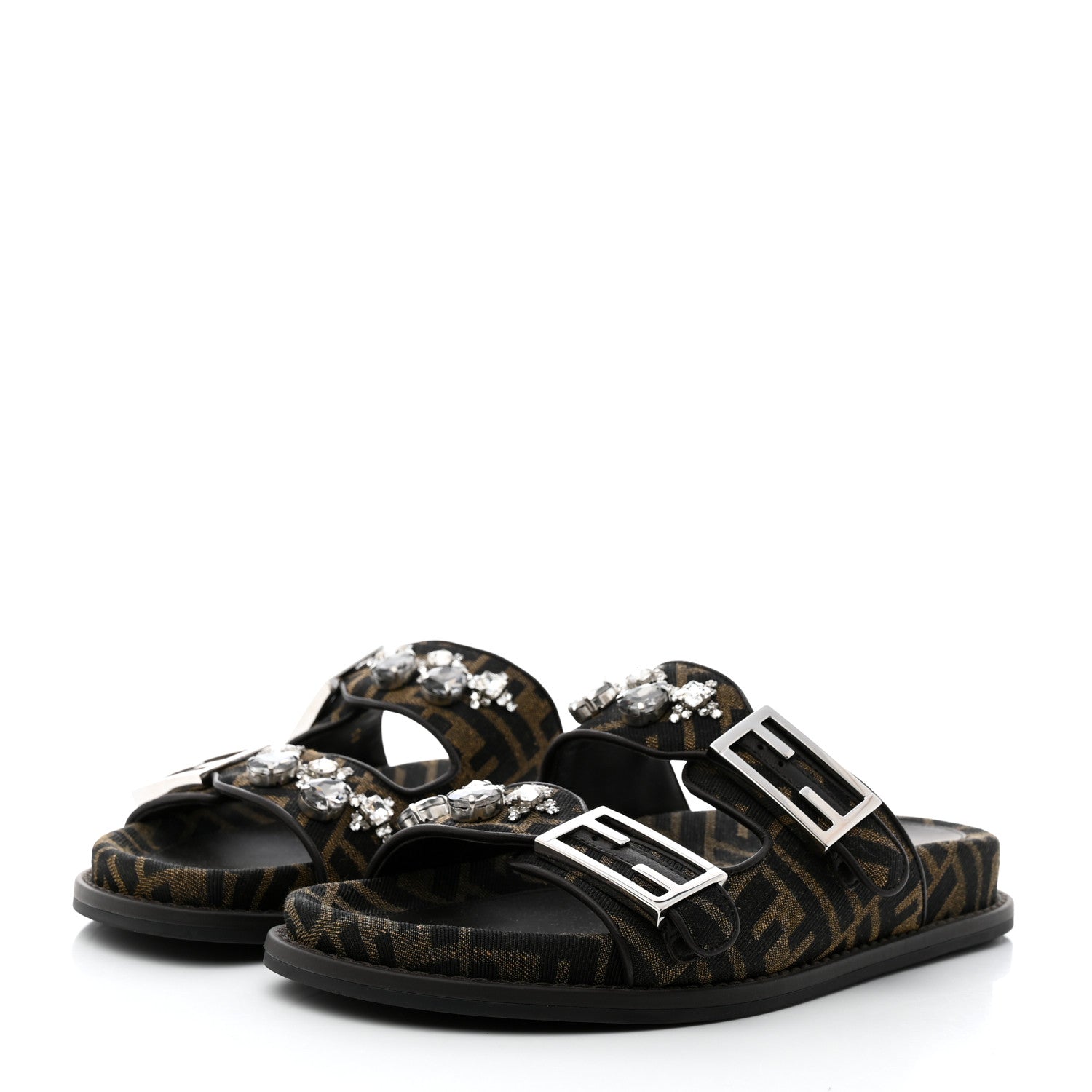 Fendi Fabric Jacquard Crystal FF Womens Fendi Feel Buckled Slide Sandals 38 Tobacco Black 3 of 9