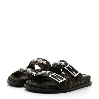 Fendi Fabric Jacquard Crystal FF Womens Fendi Feel Buckled Slide Sandals 38 Tobacco Black 3 of 9
