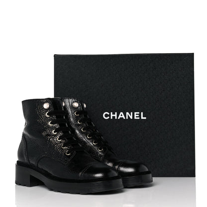 Chanel Shiny Calfskin Velvet Pearl Combat Short Boots 39 Black 8 of 8