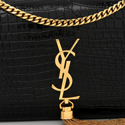 Saint Laurent Calfskin Crocodile Embossed Medium Classic Monogram Kate Tassel Satchel Black 7 of 9