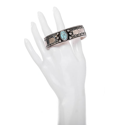 Saint Laurent Brass Textured Turquoise Cuff Bracelet Silver 2 of 4