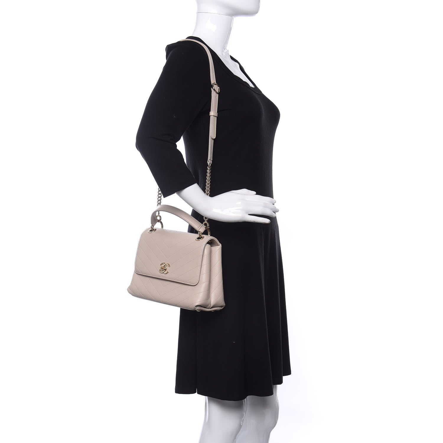Chanel Grained Calfskin Small Chevron Chic Top Handle Flap Beige 2 of 14