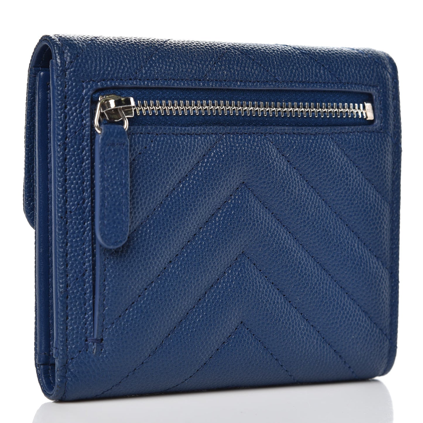 Caviar Chevron Quilted Compact Flap Wallet Navy
