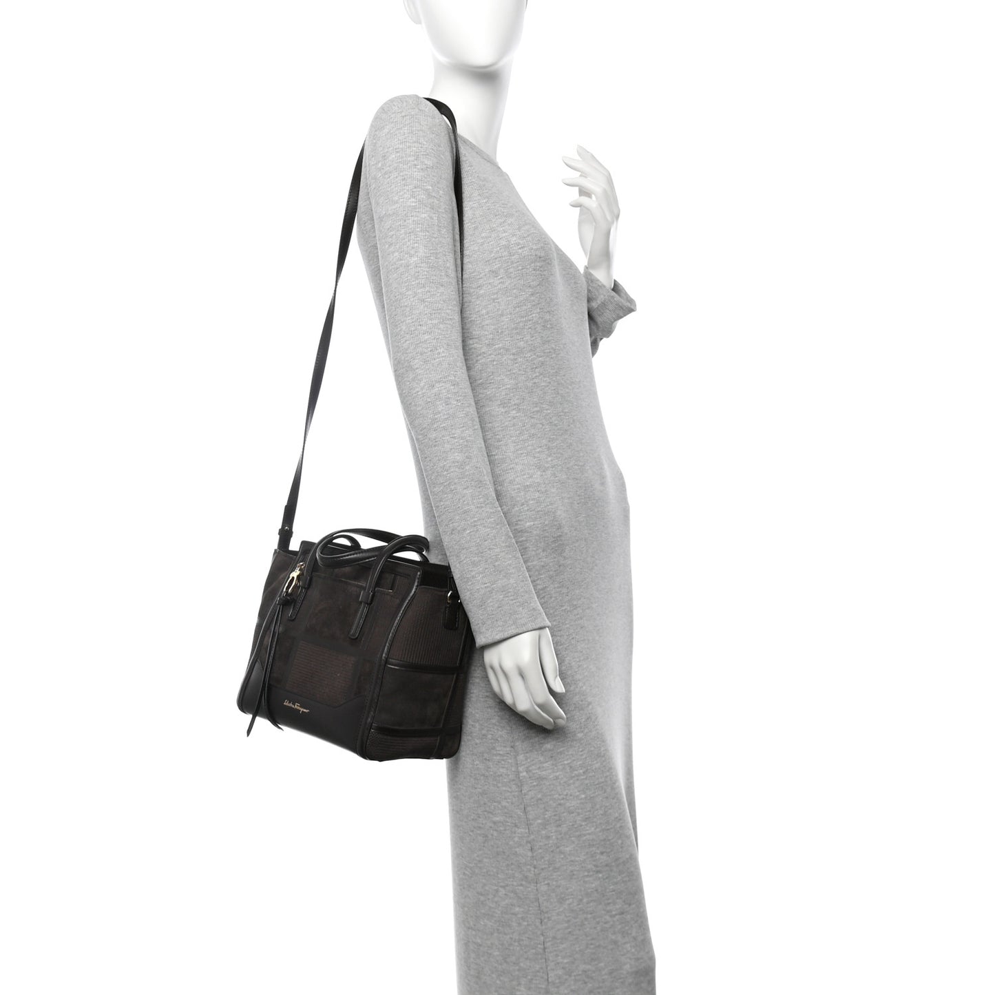 Calfskin Suede Patchwork Double Handle Small Amy Tote Deep Brown