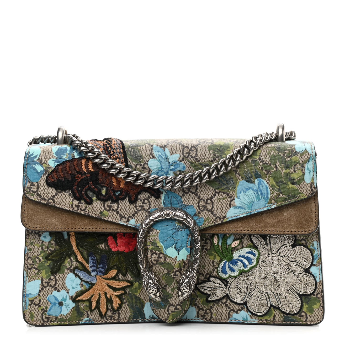 GG Supreme Monogram Blooms Print Embroidered Small Dionysus Shoulder Bag Blue Taupe