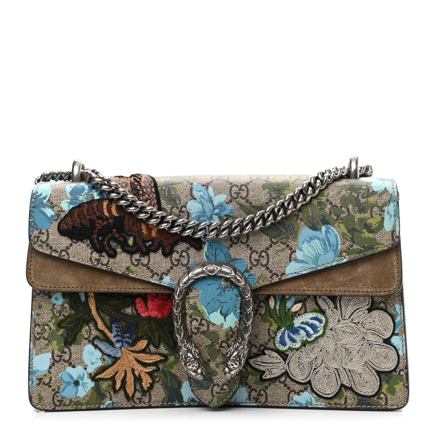 Gucci GG Supreme Monogram Blooms Print Embroidered Small Dionysus Shoulder Bag Blue Taupe 1 of 9