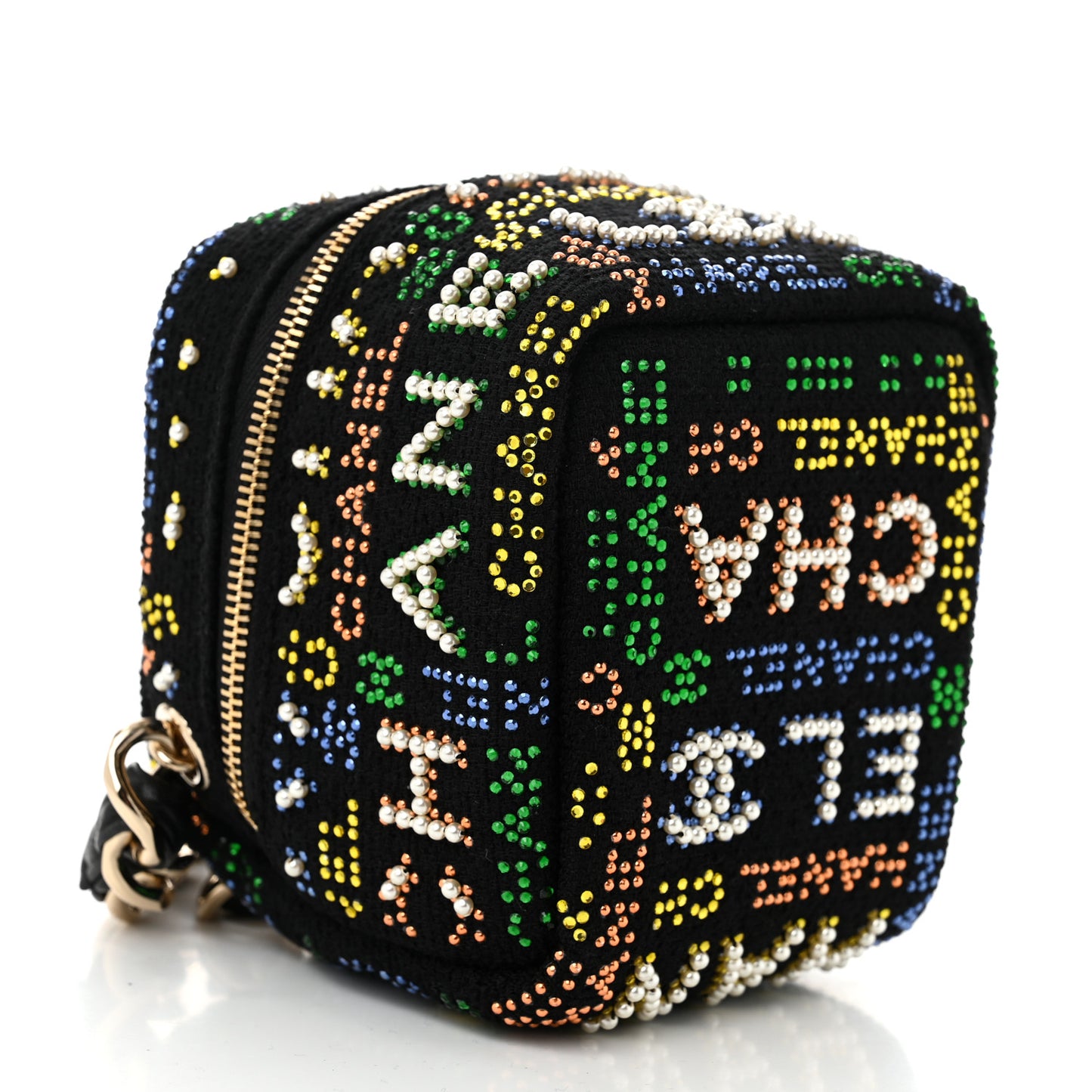 Tweed Pearl Studded Vanity Wrist Case With Chain Black Multicolor