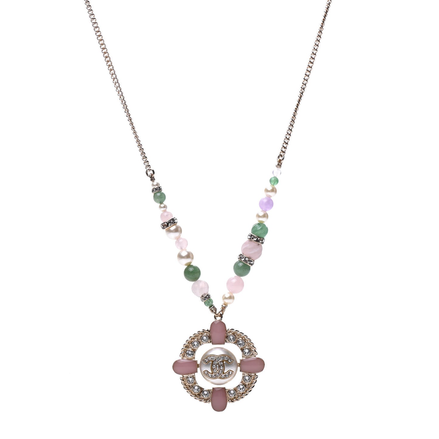 Crystal Pearl Gripoix Poured Glass Necklace Gold Green White Pink