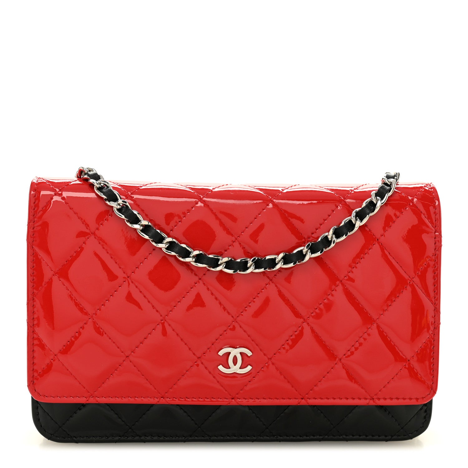 Chanel Patent Quilted Bi-Color Wallet On Chain WOC Red Black Red Black 1 of 11