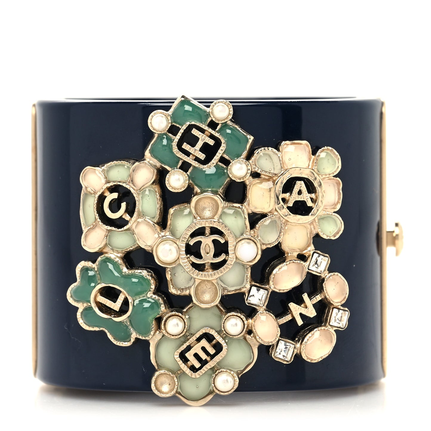 Resin Enamel Crystal Pearl Floral Logo CC Cabochon Cuff Black Multicolor