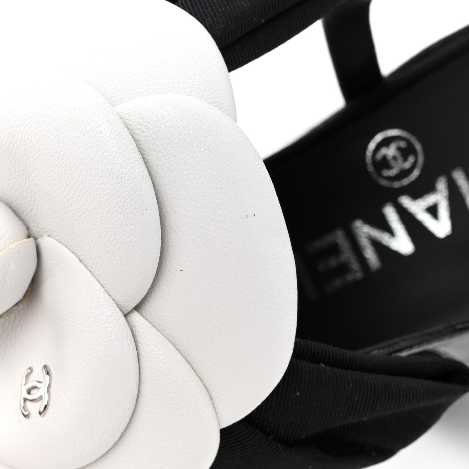 Chanel Crumpled Shiny Fabric Grosgrain Cap Toe Camellia Bow Slingback Pumps 37 Black 7 of 10