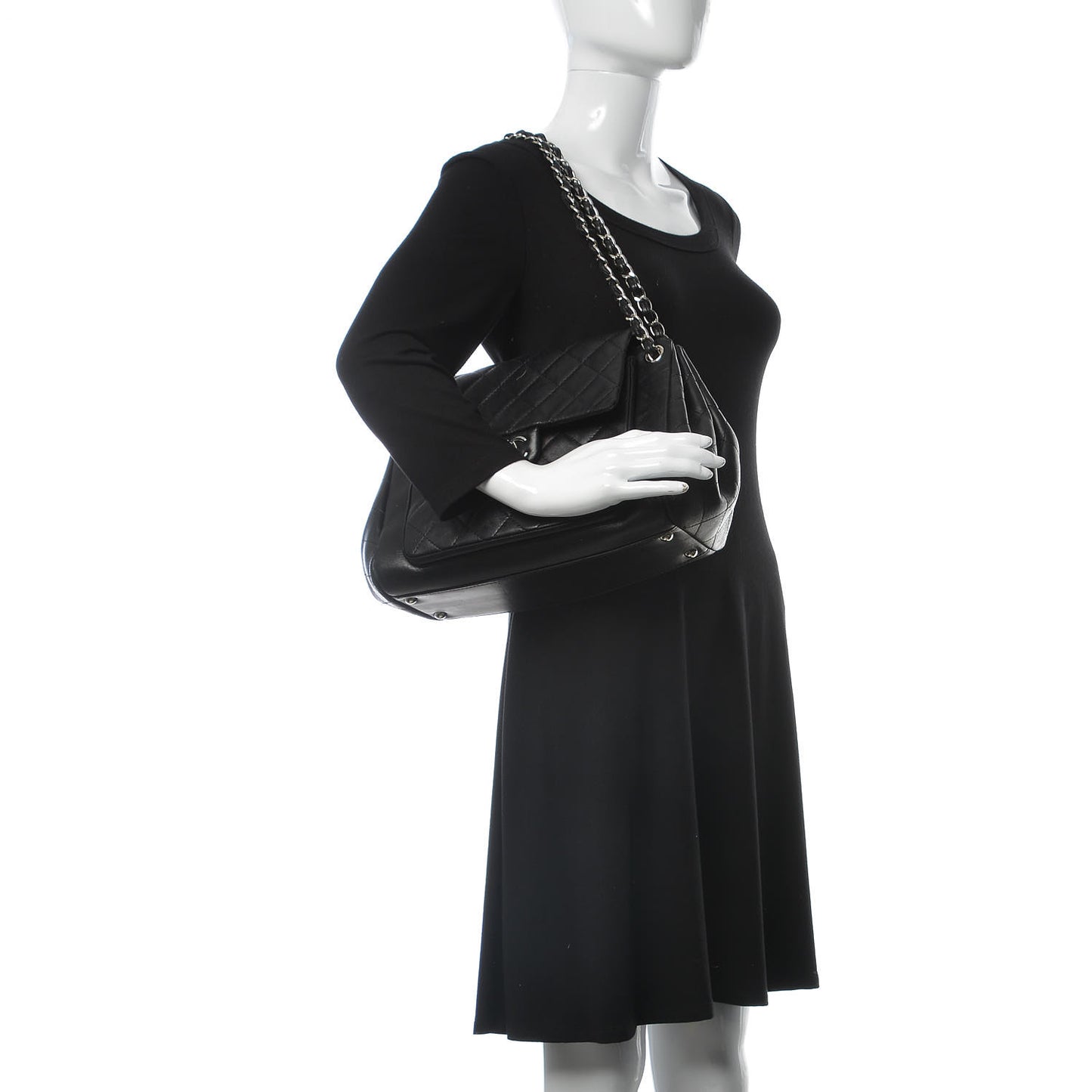 Lambskin Quilted CC Accordion Shopping Bag Black