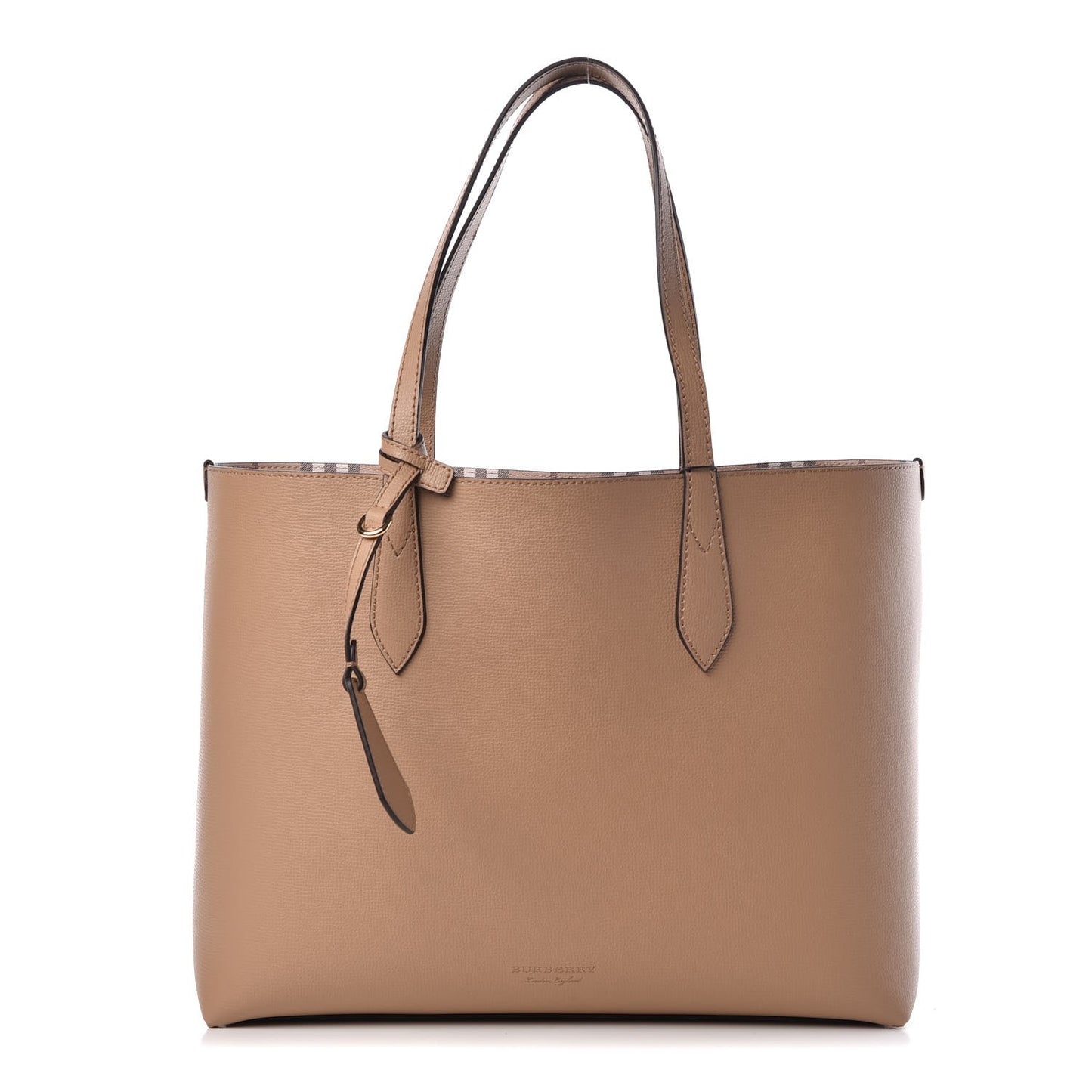 Grainy Calfskin Haymarket Check Medium Reversible Tote Mid Camel