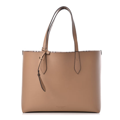 Burberry Grainy Calfskin Haymarket Check Medium Reversible Tote Mid Camel 1 of 13