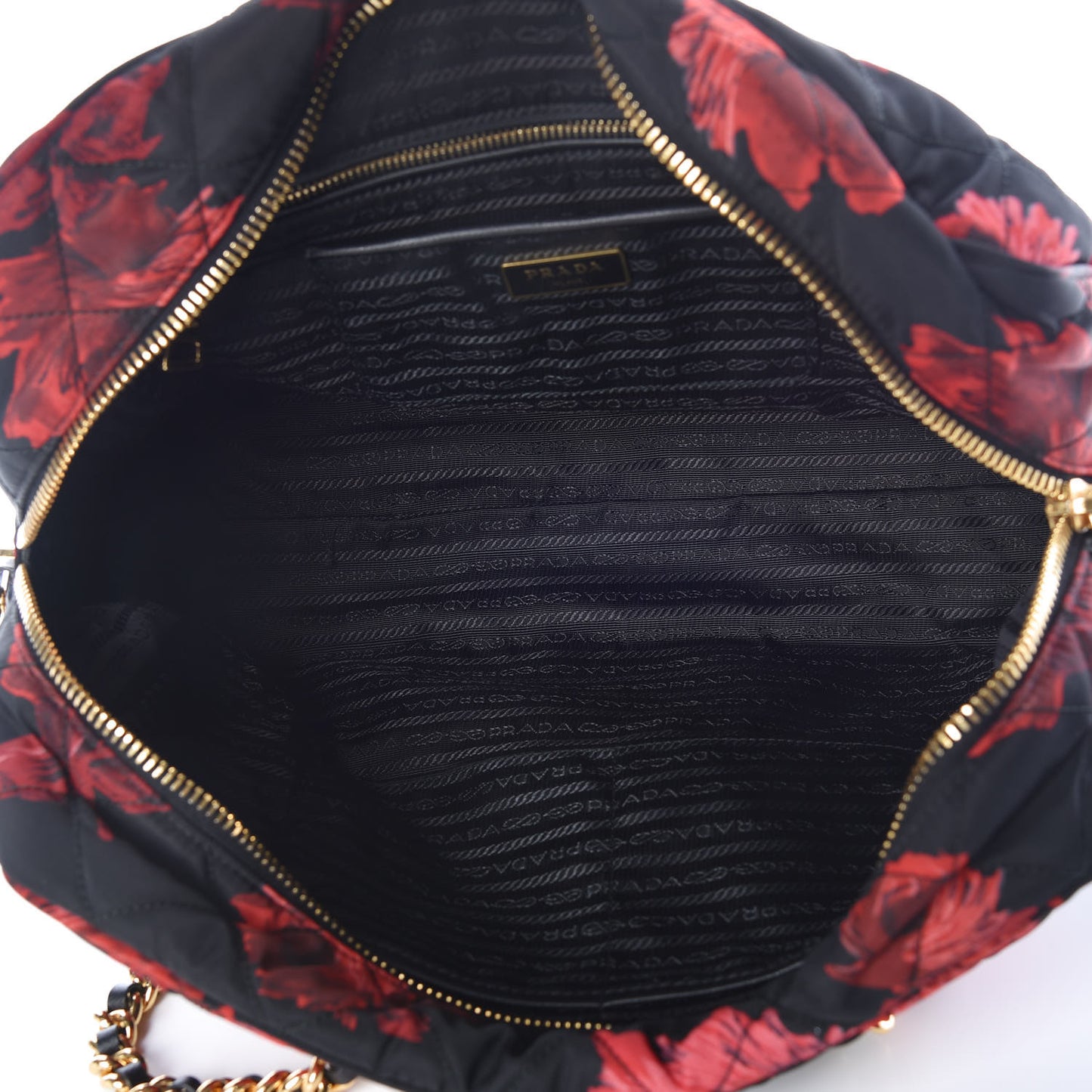 Tessuto Nylon Quilted Rose Chain Shoulder Bag Black Rosso