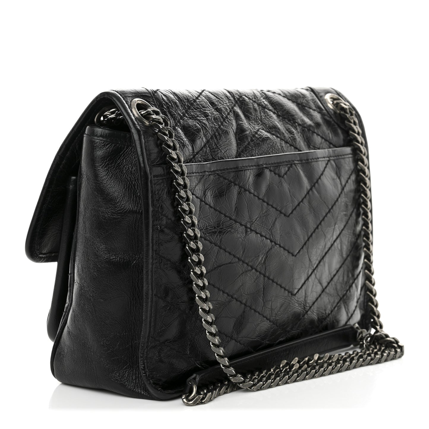 Crinkled Calfskin Matelasse Monogram Medium Niki Chain Satchel Black