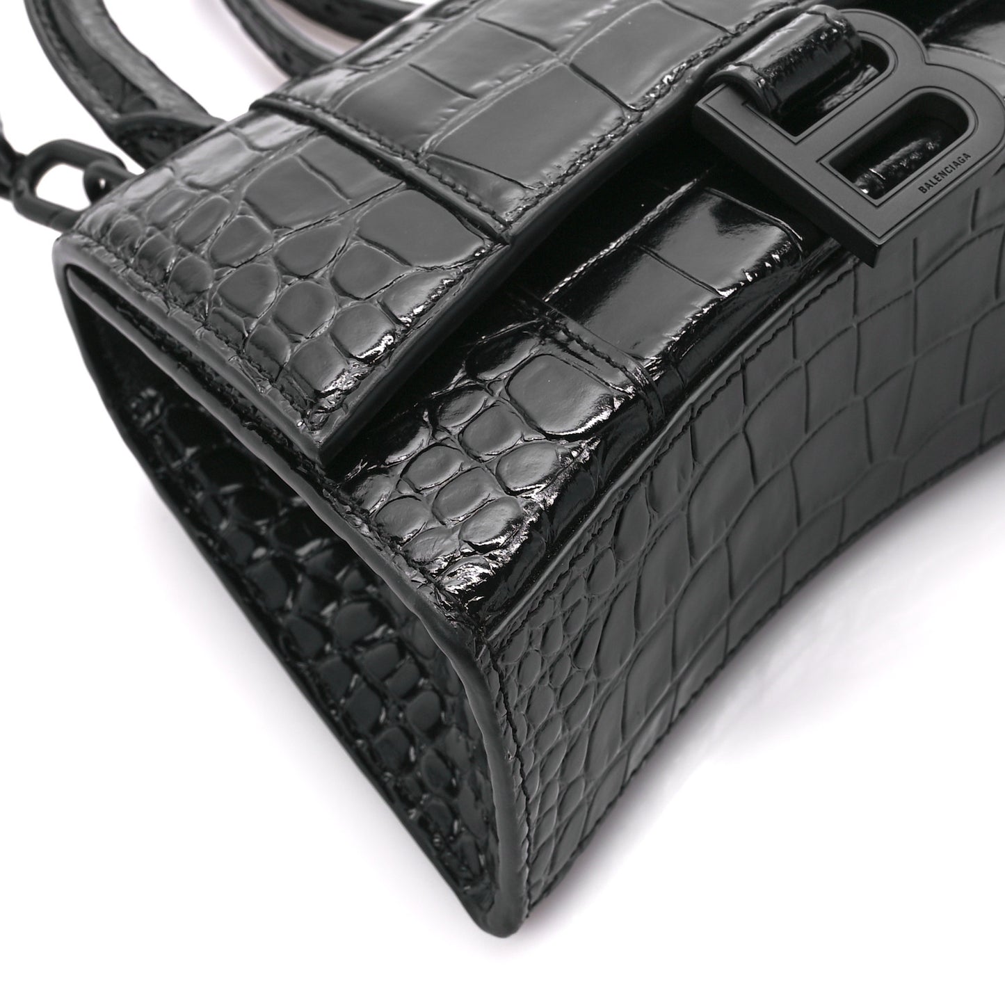 Shiny Calfskin Monochrome Crocodile Embossed Hourglass Top Handle Bag XS Black