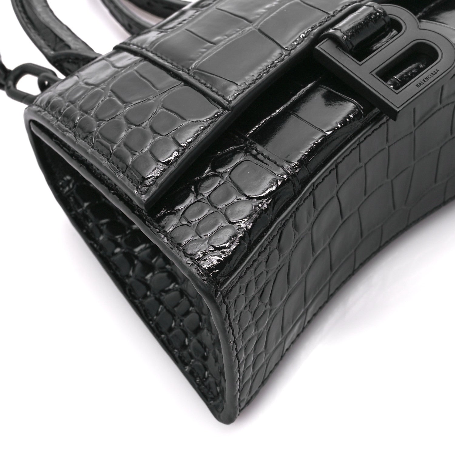 Balenciaga Shiny Calfskin Monochrome Crocodile Embossed Hourglass Top Handle Bag XS Black 9 of 10