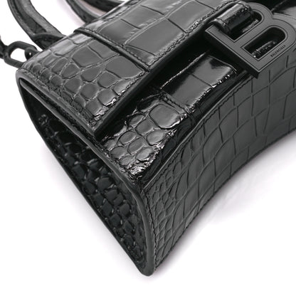 Balenciaga Shiny Calfskin Monochrome Crocodile Embossed Hourglass Top Handle Bag XS Black 9 of 10