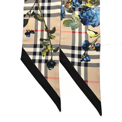 Burberry Silk Floral Check Print Skinny Scarf Beige 2 of 3