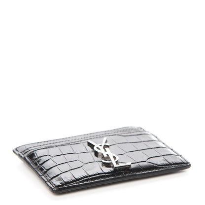 Saint Laurent Calfskin Crocodile Embossed Monogram Credit Card Case Black 4 of 9