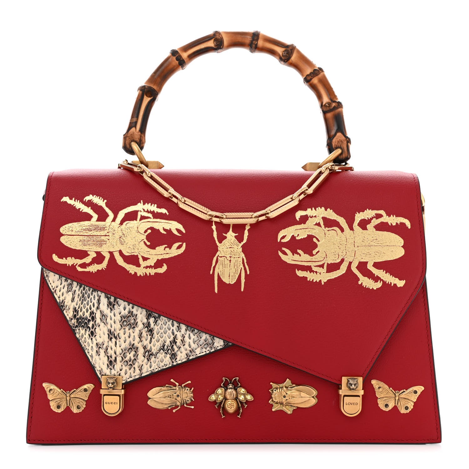 Gucci Calfskin Snakeskin Studded Medium Ottilia Top Handle Bag Red 1 of 11