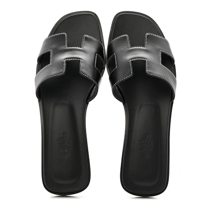 Hermes Box Calfskin Oran Sandals 37 Black 4 of 20