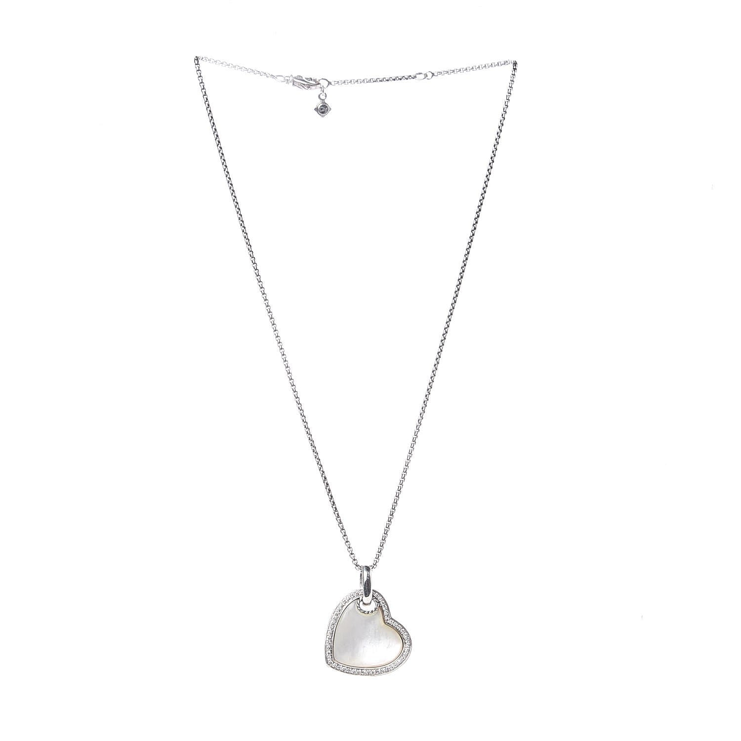 David Yurman Sterling Silver Diamond Mother of Pearl Heart Pendant Necklace 3 of 7
