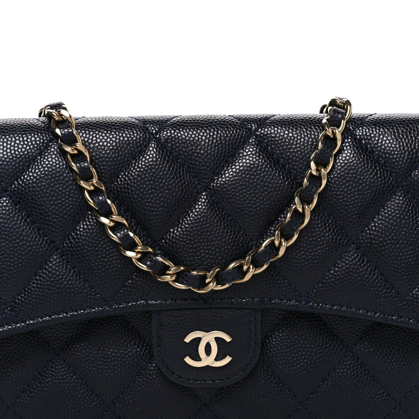Caviar Quilted Flap Phone Holder With Chain Navy Blue