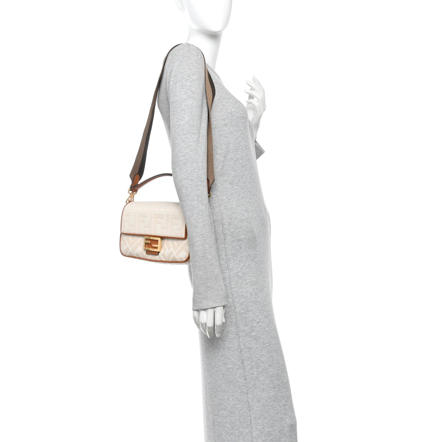 Canvas Vitello King Bi-Color Strap FF Embroidered Baguette Grezzo Brandy Cuoio
