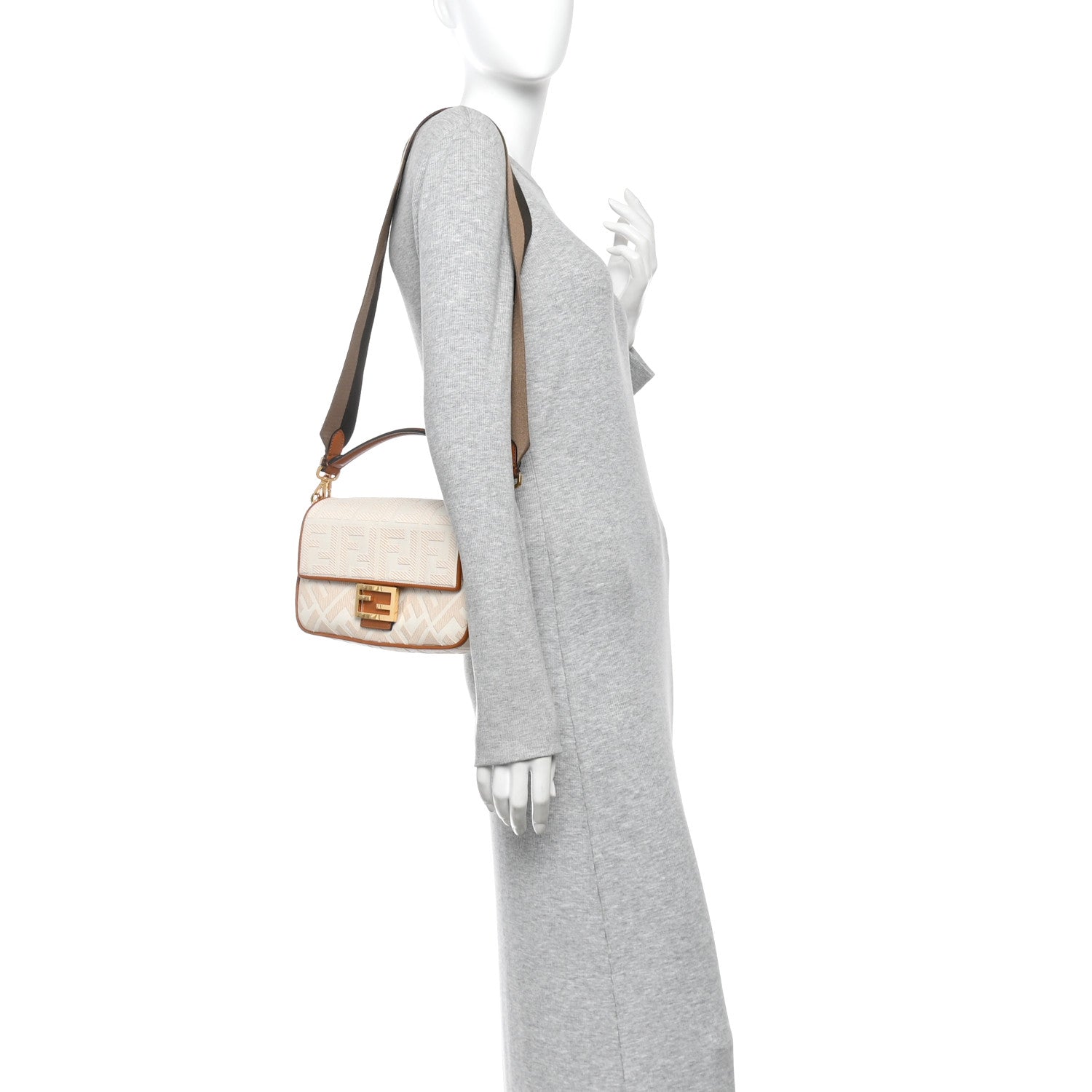 Fendi Canvas Vitello King Bi-Color Strap FF Embroidered Baguette Grezzo Brandy Cuoio 2 of 11