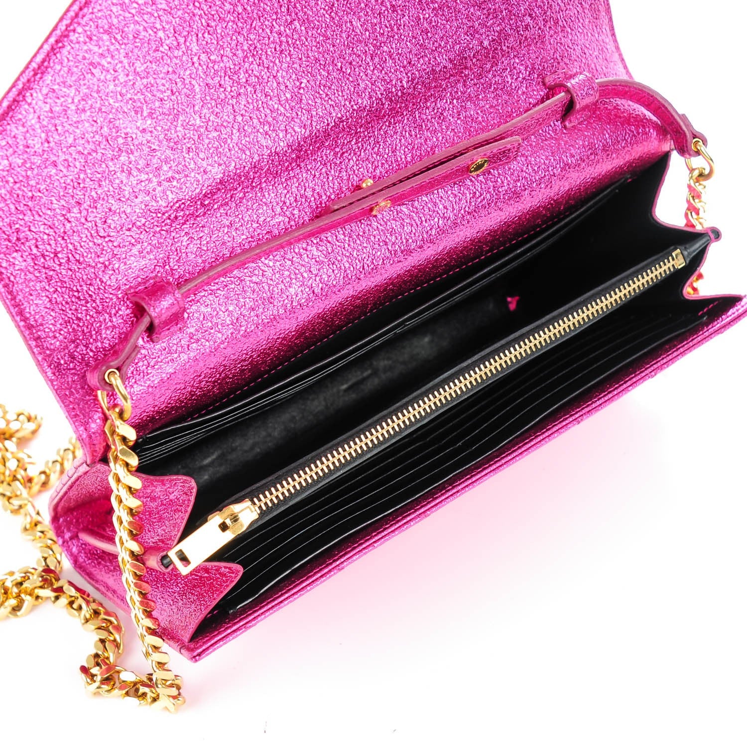 Saint Laurent Metallic Crackled Calfskin Matelasse Chevron Monogram Chain Wallet Pink 5 of 7