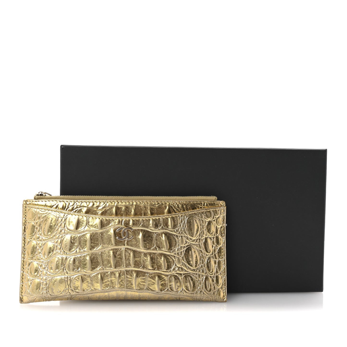Metallic Calfskin Crocodile Embossed Cocodile Zip Pouch Gold