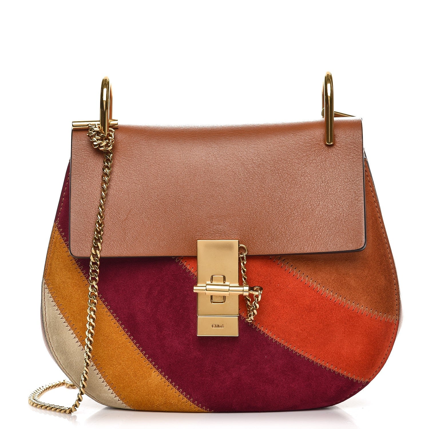 Chloe Calfskin Suede Rainbow Patchwork Drew Shoulder Bag Caramel 1 of 7