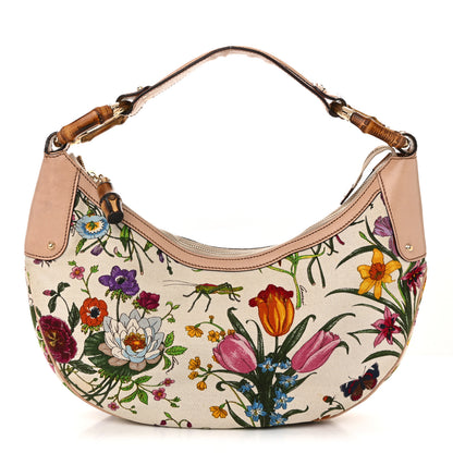 Gucci Canvas Floral Flora Bamboo Ring Hobo White 1 of 10