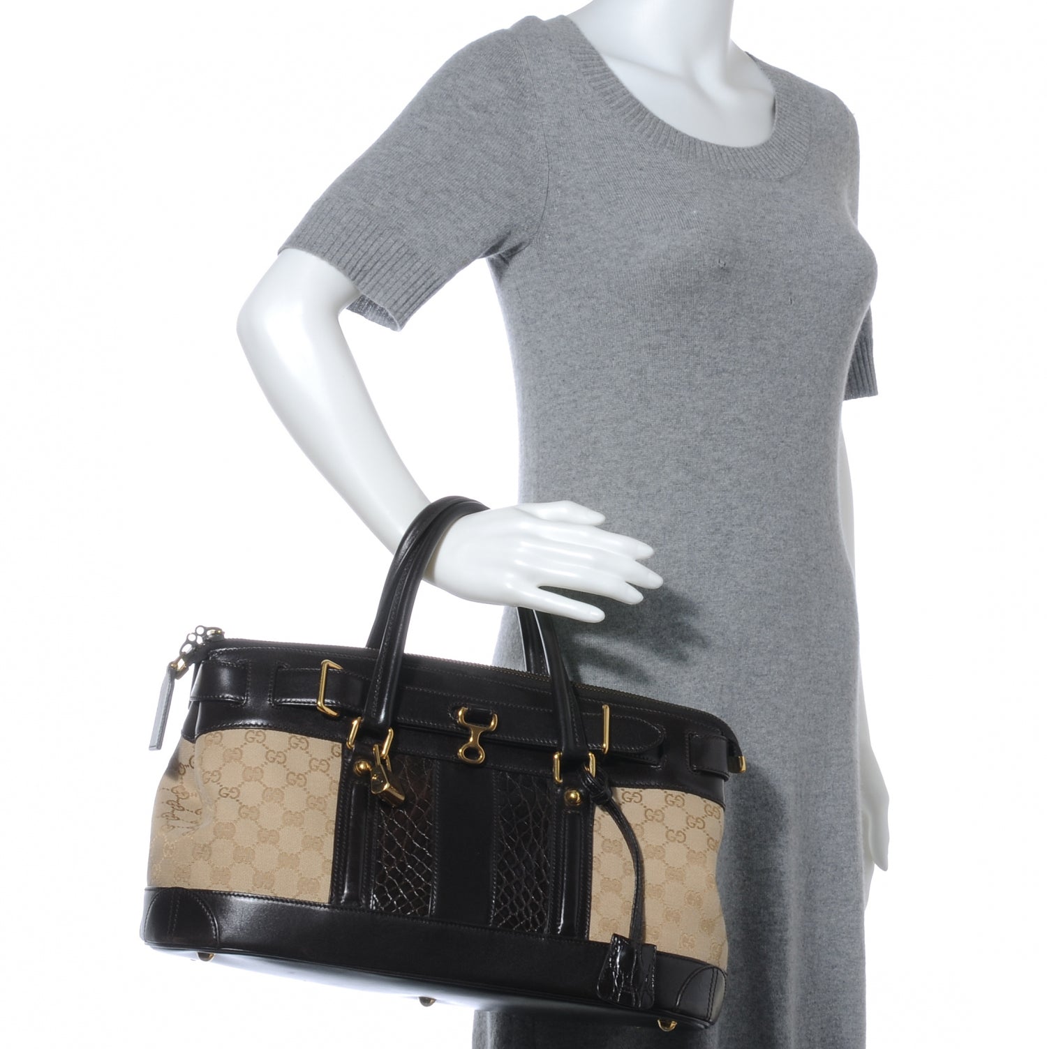 Gucci Monogram Crocodile Web Secret Top Handle Satchel 2 of 7