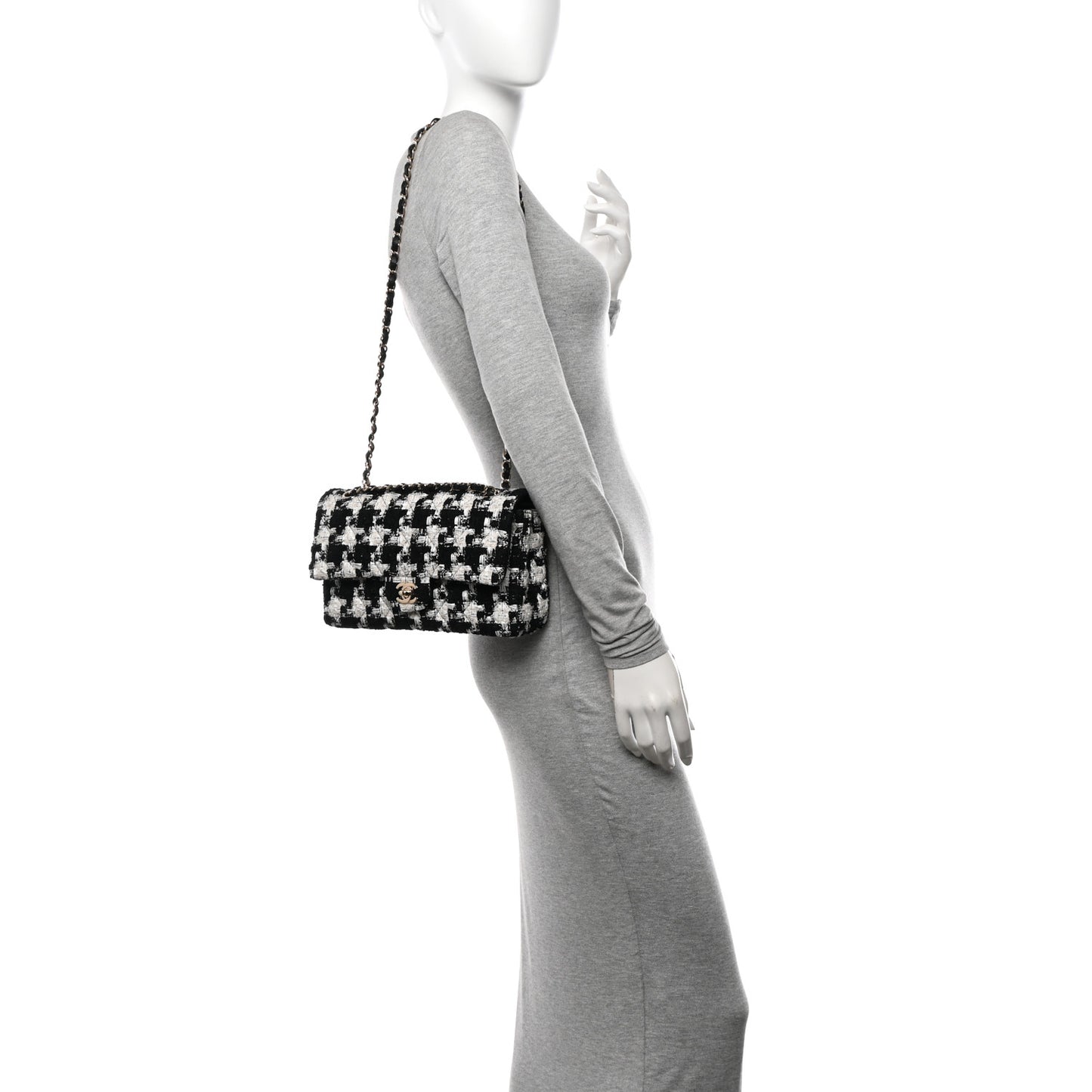 Tweed Quilted Medium Double Flap Black Ecru White