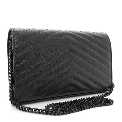 Saint Laurent Grain De Poudre Matelasse Chevron Monogram Monochrome Chain Wallet Black 3 of 10