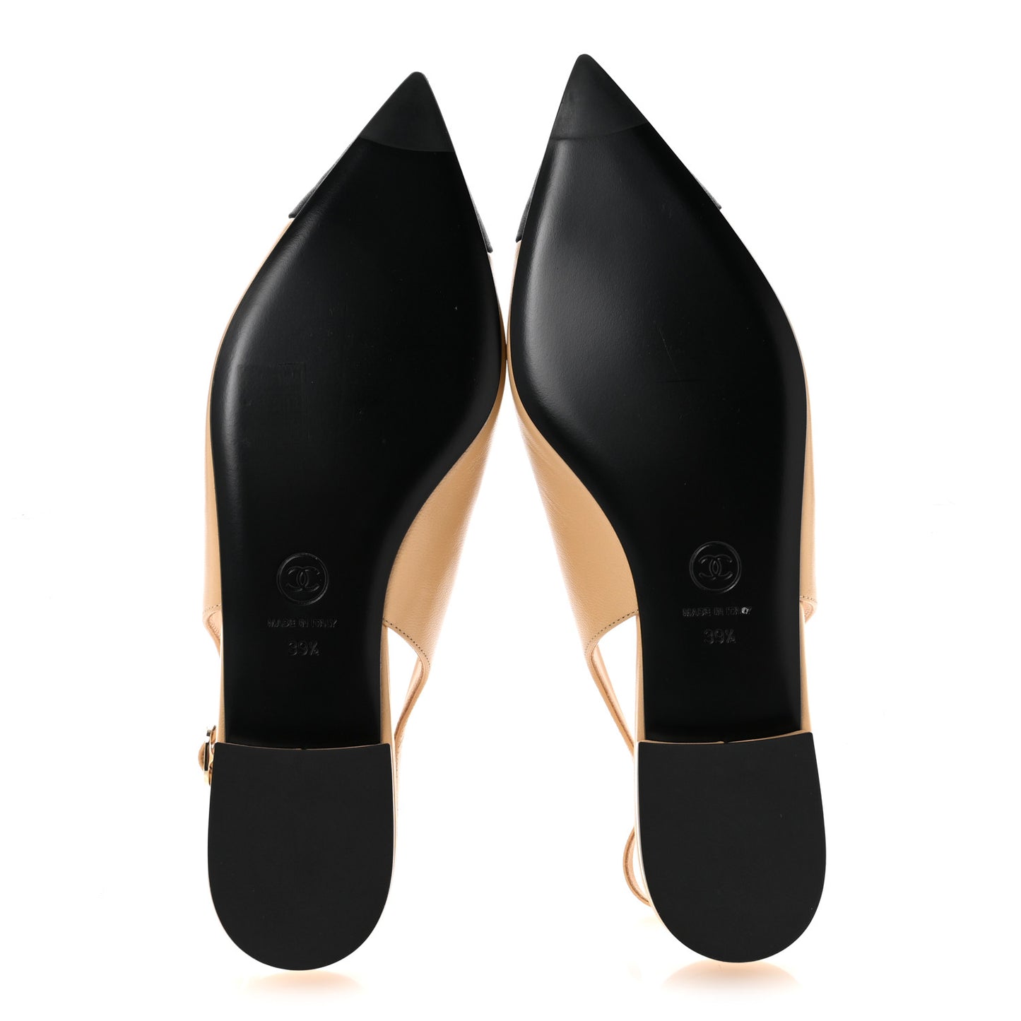 Goatskin Grosgrain Pointed Toe CC Slingback Flats 39.5 Beige Black