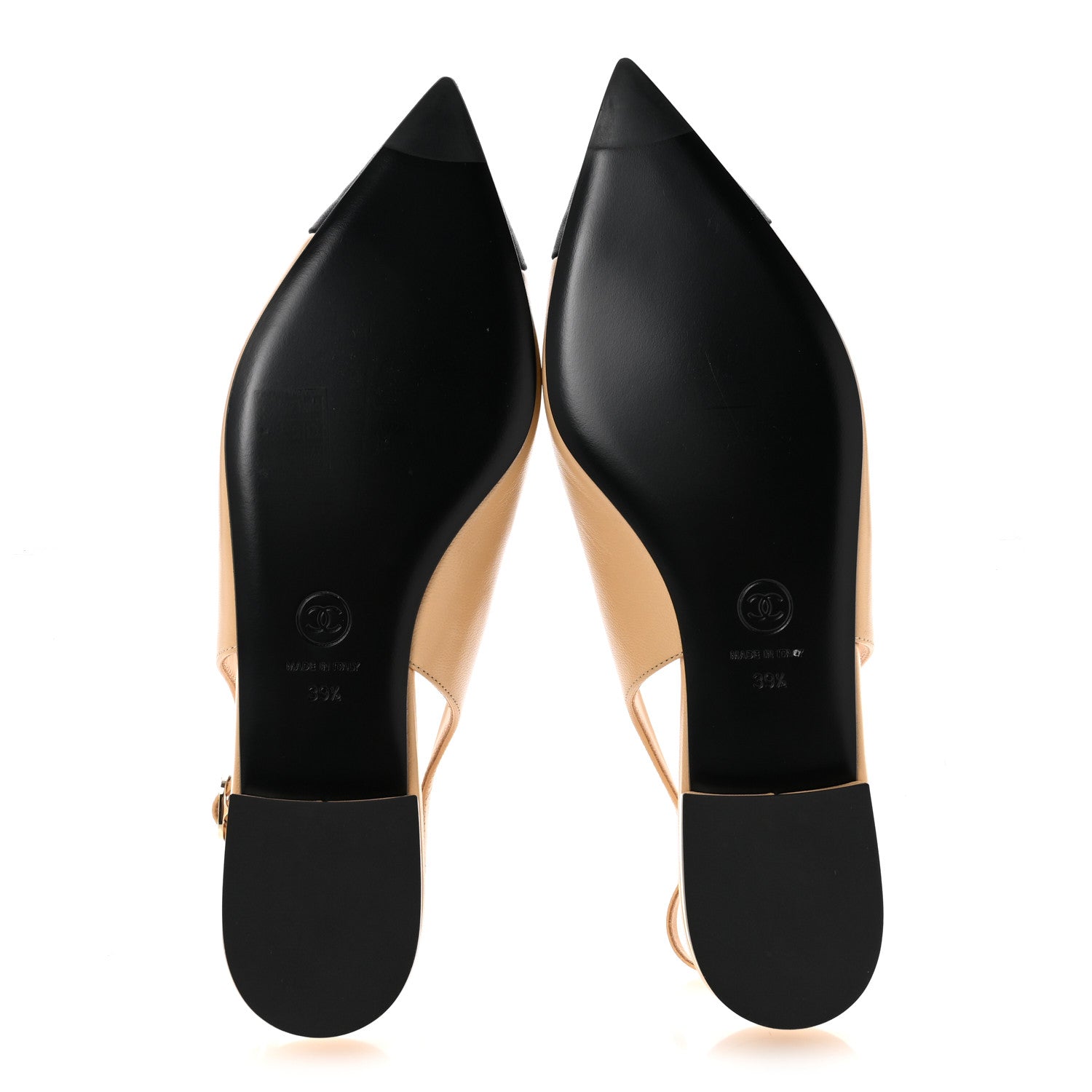 Chanel Goatskin Grosgrain Pointed Toe CC Slingback Flats 39.5 Beige Black 6 of 10
