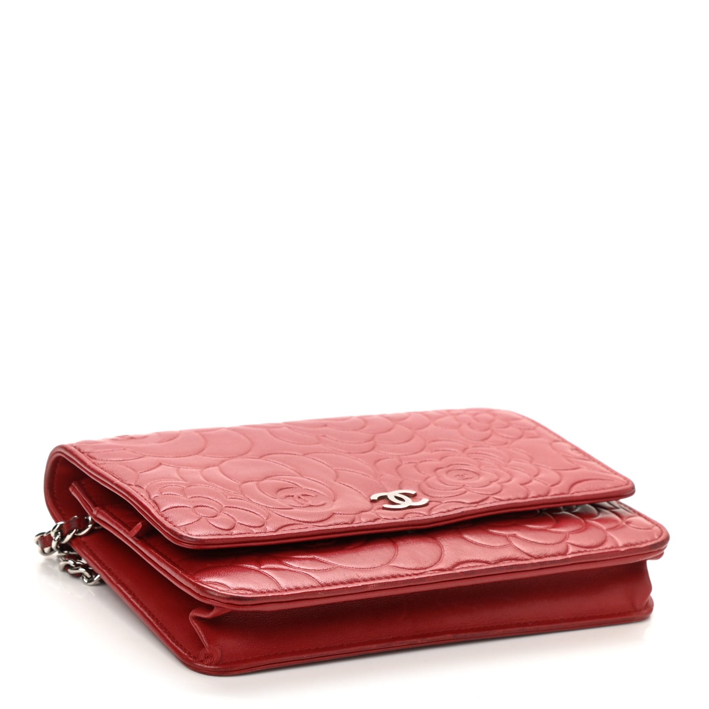 Lambskin Camellia Embossed Wallet On Chain WOC Red