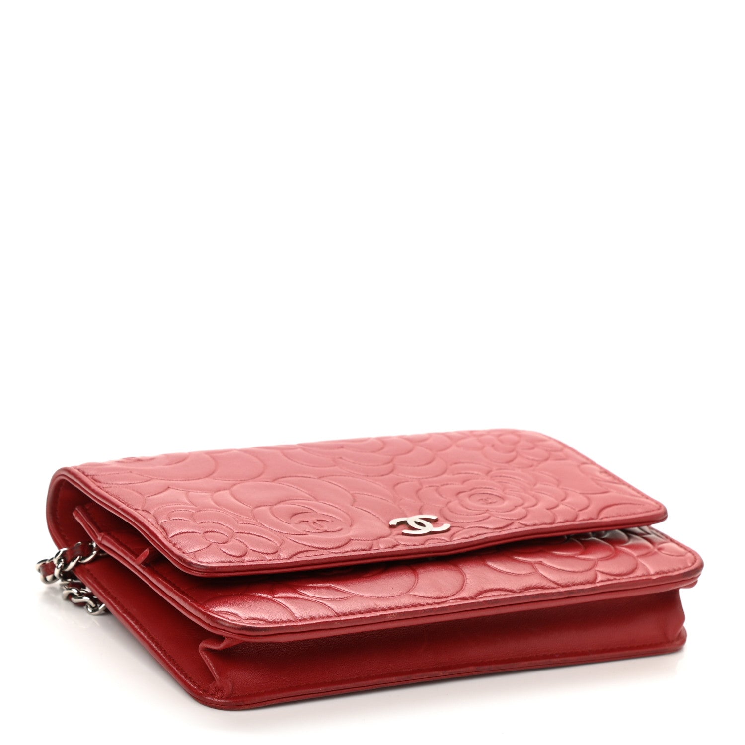 Chanel Lambskin Camellia Embossed Wallet On Chain WOC Red 4 of 13