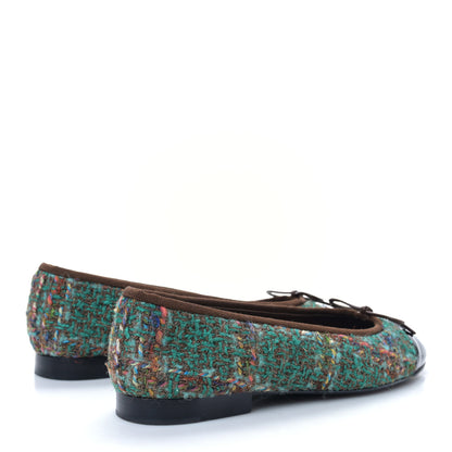 Chanel Tweed Patent Cap Toe Ballerina Flats 36.5 Green Black 4 of 8