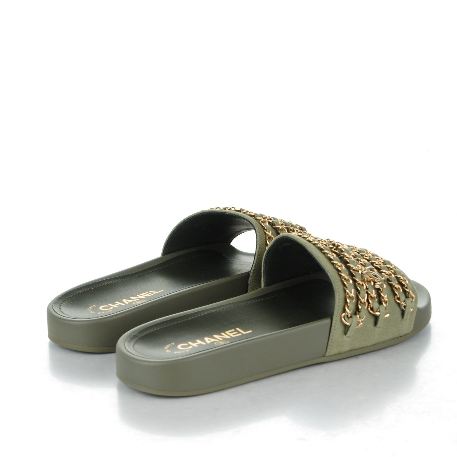 Chanel Canvas Chain Flat Sandals 39 Khaki 4 of 7