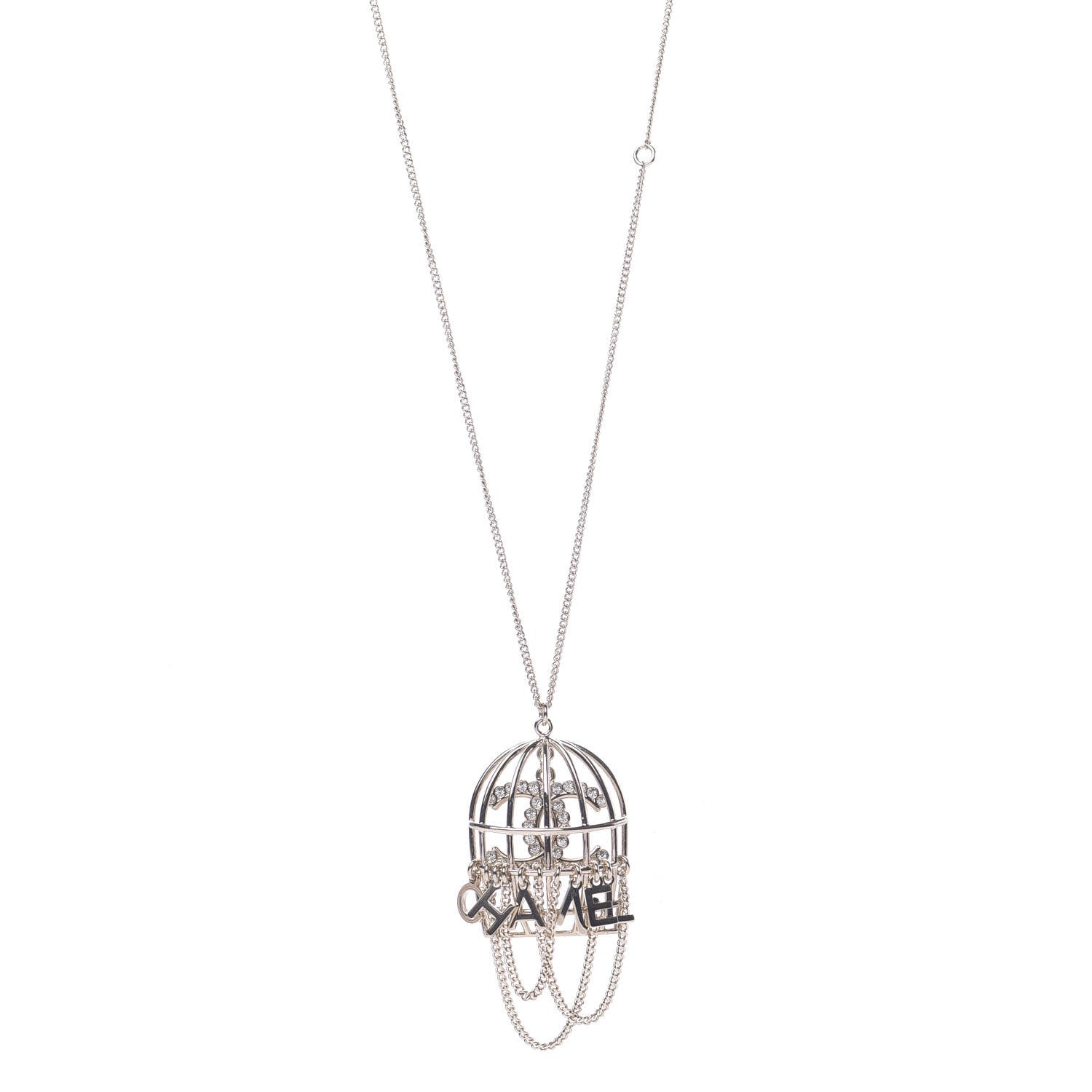 Chanel Metal Crystal Logo Bird Cage Necklace Gold 1 of 6