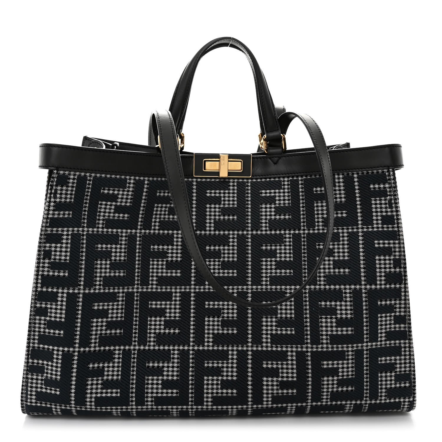 Fendi Wool Vitello King Houndstooth FF Embroidered Medium Peekaboo X-Tote Grigio Anthracite 1 of 10